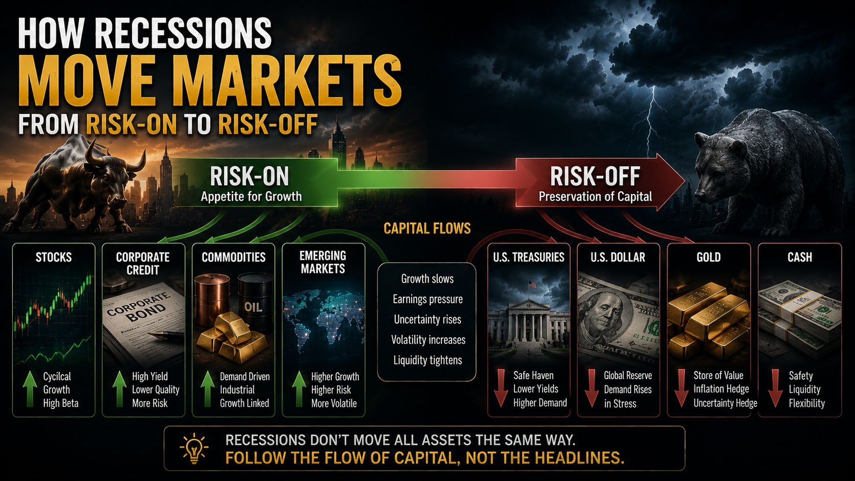 Risk-on to risk-off capital flows during a recession across stocks Treasuries dollar gold and cash