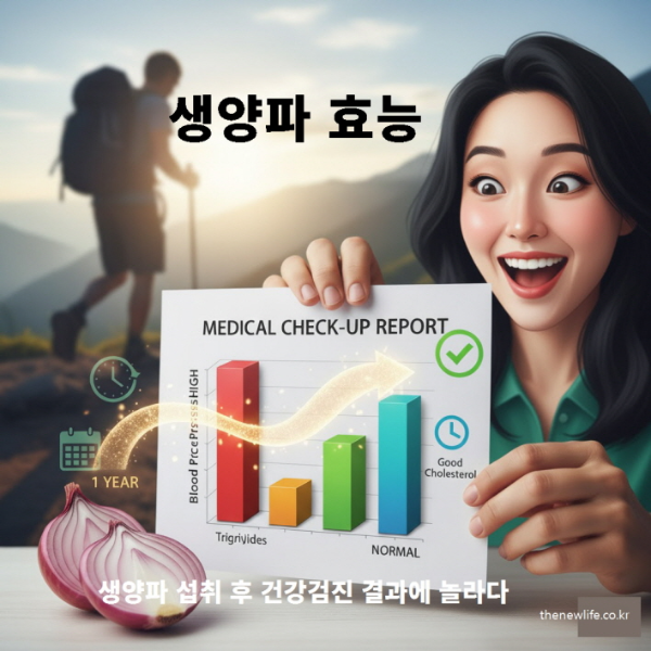 생양파 효능으로 건강검진 수치가 개선된 것을 보여주는 이미지로, 생양파와 혈압&middot;중성지방&middot;콜레스테롤 수치가 정상화된 그래프를 들고 기뻐하는 여성