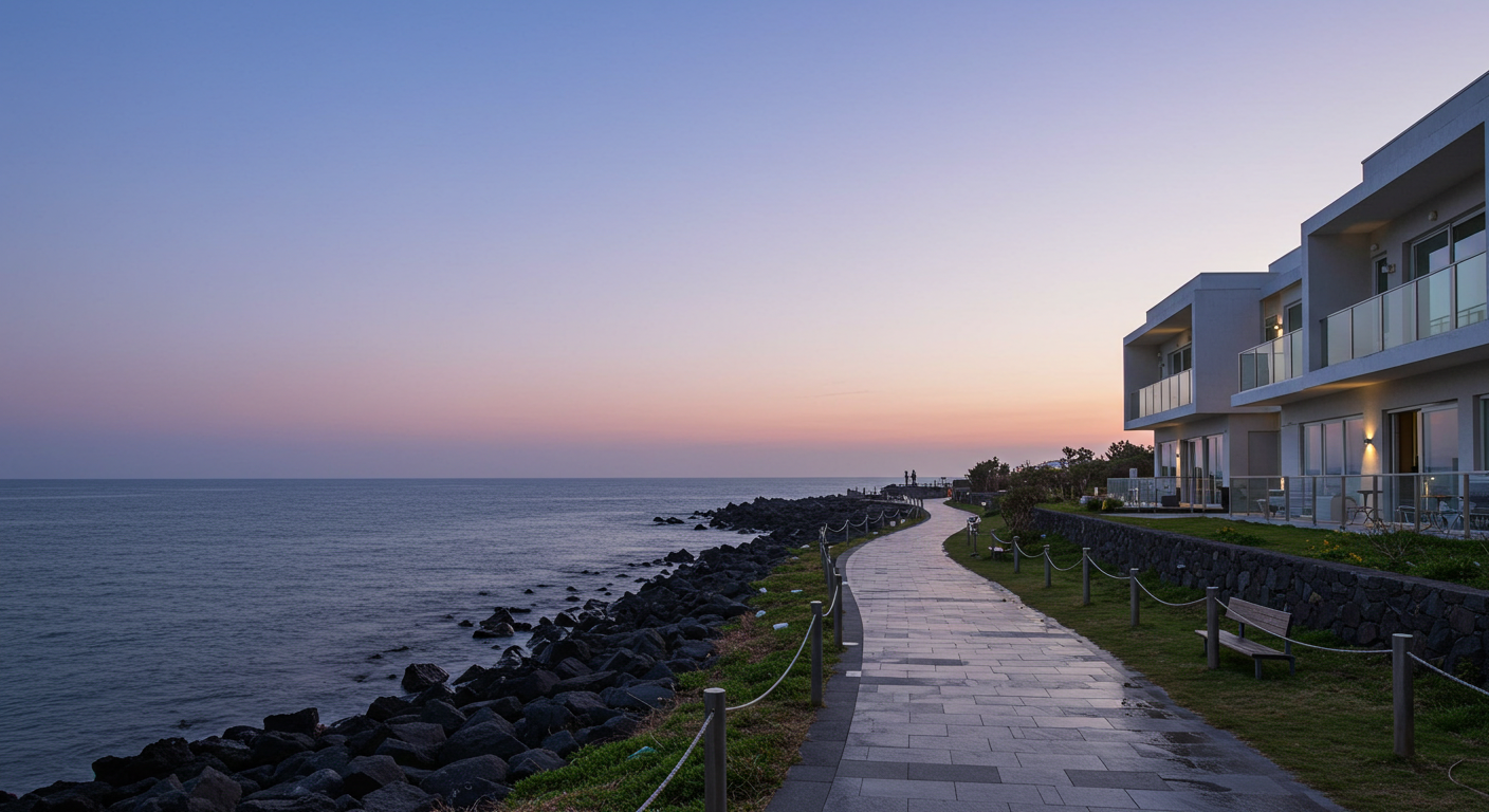 제주 서쪽 해안가에 위치한 감성 숙소와 그 앞에 펼쳐진 바닷가 걷기 코스의 전경.