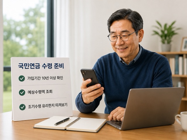 중장년 남성이 국민연금 수령 나이표를 보며 1965년생부터 1968년생의 만 64세 수령 기준을 확인하는 모습
