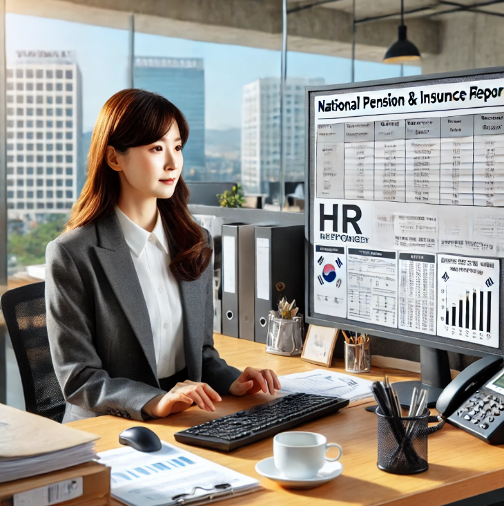 사무실에서 국민연금 및 보험 신고 작업을 하는 HR 매니저