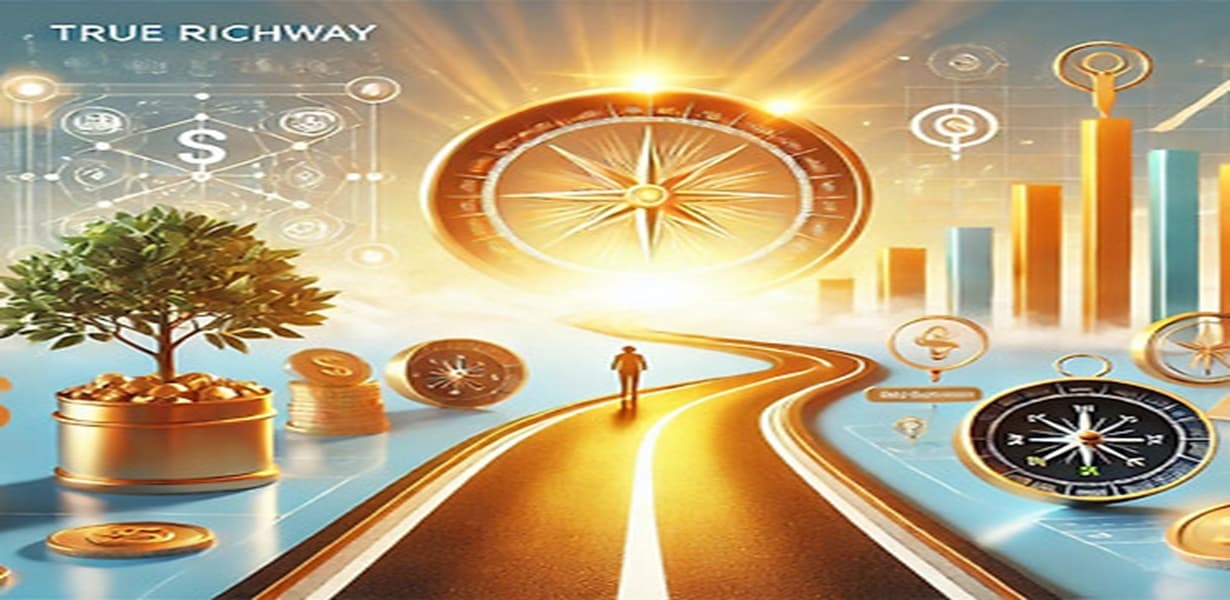 황금빛 도로 위를 걷는 인물과 나침반, 나무, 성장 그래프가 어우러진 부의 로드맵 컨셉 이미지