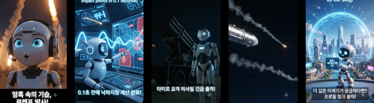 어두운 야간 한반도 지도를 배경으로 화염을 내뿜는 미사일 위협과 로봇 에디터 루미, 통제실의 홀로그램 레이더망, 상층부를 향해 솟구치는 L-SAM 미사일, 중고도 방어와 최하층 LAMD의 겹겹이 요격 메커니즘, 그리고 평화로운 서울 스카이라인 위로 블로그 방문을 유도하는 루미의 모습