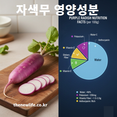 자색무 영양성분 표와 자색무 실제 모습. 비타민C, 칼륨, 식이섬유, 안토시아닌 등의 자색무 영양성분을 설명하는 인포그래픽 이미지