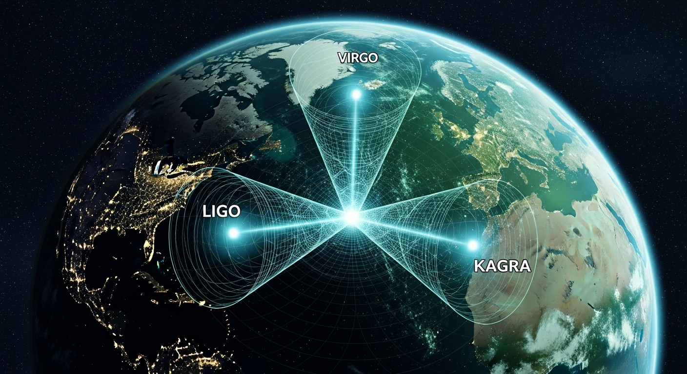 어두운 우주를 배경으로 지구(틸/그린 색상)가 보이고, 북미(LIGO), 유럽(Virgo), 일본(KAGRA)의 위치에서 빛나는 노드(node)가 표시됩니다. 이 세 개의 노드에서 발생한 탐지 영역이 우주 공간에서 하나로 겹쳐지며 시공간의 파동(중력파)을 잡아내는 모습을 추상적으로 표현합니다.