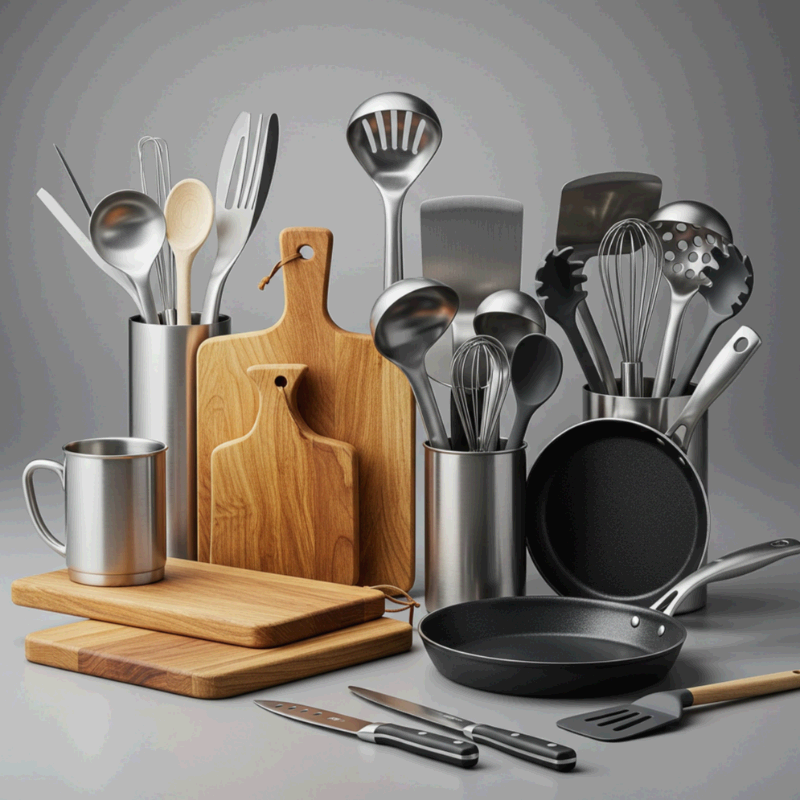 다양한 주방 조리도구와 도마 세트