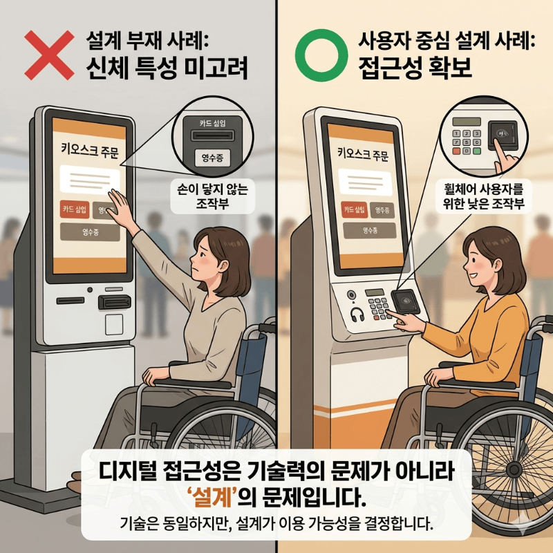 왼쪽은 휠체어 사용자가 손이 닿지 않는 높은 키오스크 화면을 곤란해하는 설계 부재의 모습을, 오른쪽은 화면이 낮아져 편안하게 이용하는 올바른 설계의 모습을 대비시켜 보여줌. 기술이 아닌 설계가 접근성의 핵심임을 시각적으로 설명함