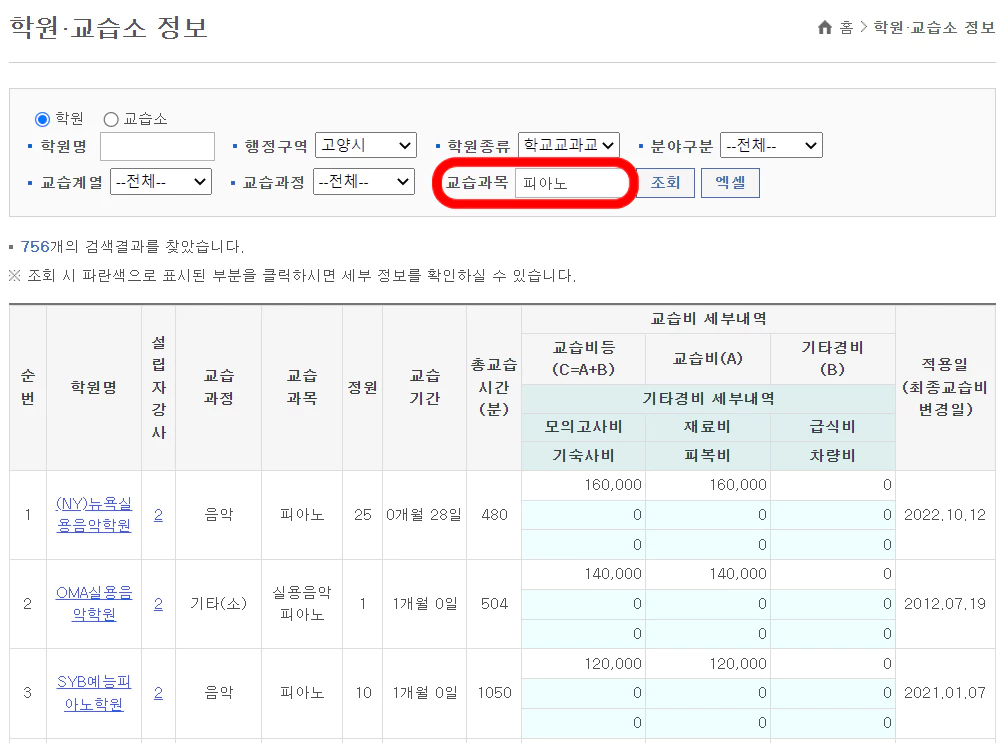 학원 교습소 정보 조회하기