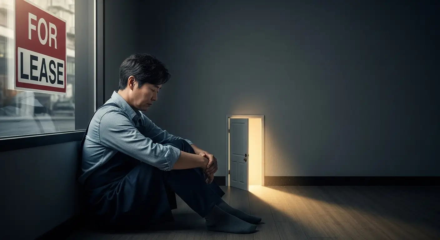 폐업을 고민하는 한 한국인 소상공인이, '희망리턴패키지'라는 새로운 희망의 문을 발견하는 모습