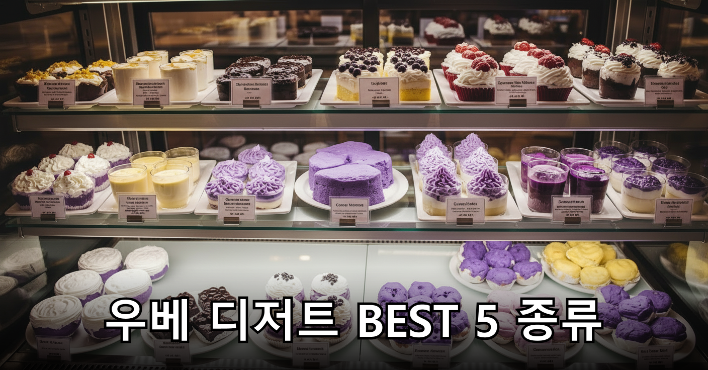 다양한 우베 디저트로 가득 찬 카페 쇼케이스