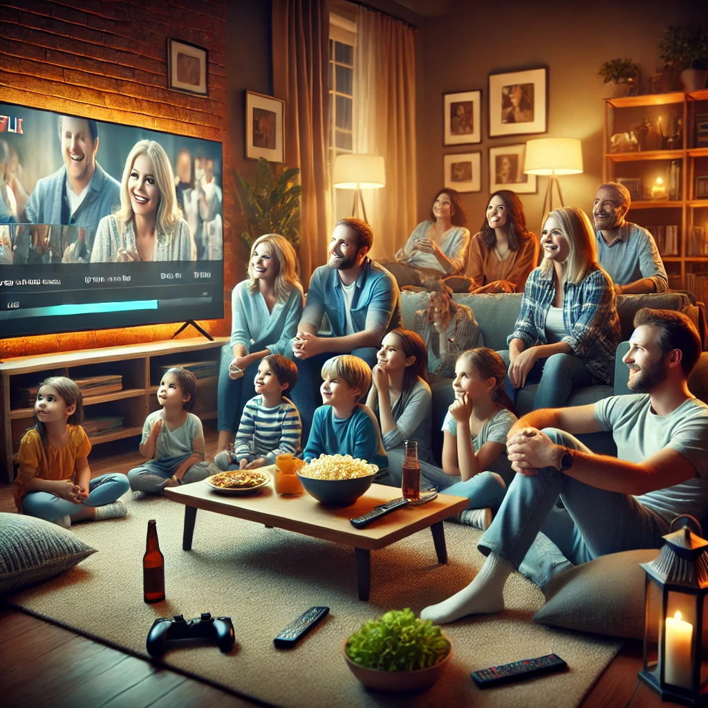 OTT 서비스를 시청 중인 가족과 친구들이 거실에서 함께 모여 편안하게 시간을 보내고 있는 장면.