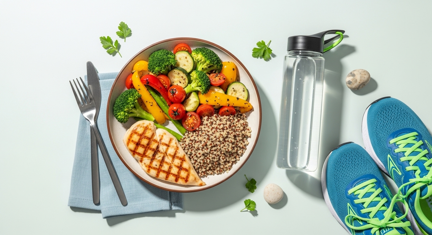 건강한 식단, 물병, 운동화가 함께 놓여 있는 이미지. 위고비 복용 중 건강한 생활 습관의 중요성을 나타낸다.
