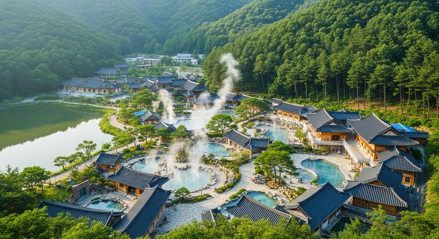 산과 호수로 둘러싸인 고즈넉한 전통 부곡 온천 리조트의 전경.