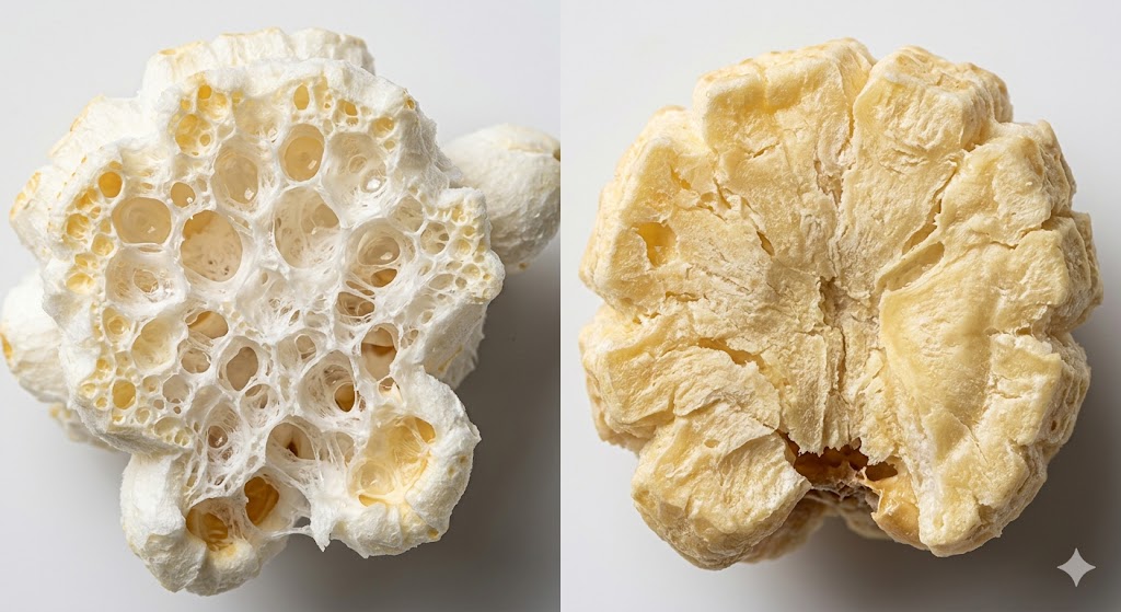 팝콘과 강냉이의 단면 구조 비교 사진. 공기 구멍이 많은 스펀지 형태의 팝콘 전분 구조와 밀도가 높고 꽉 찬 강냉이의 전분 구조 대조 이미지