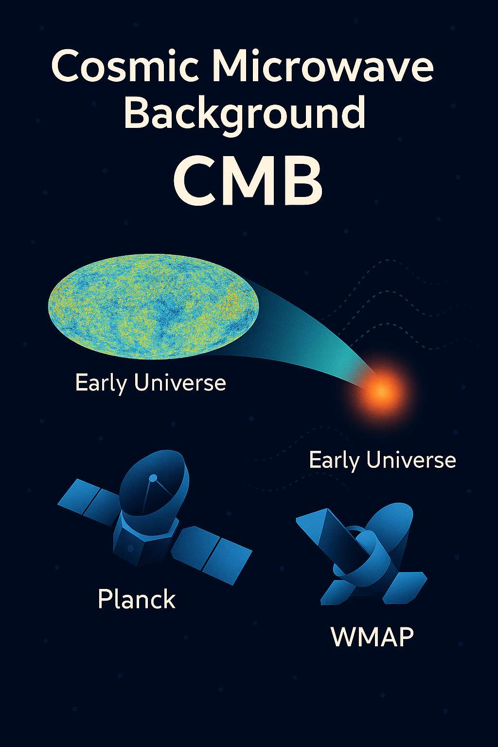 우주 초기의 흔적을 보여주는 우주 마이크로파 배경복사(CMB)와 이를 관측하는 플랑크와 WMAP 위성