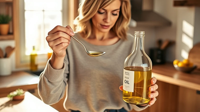 오른손에 올리브 오일 병, 왼손엔 숫가락을 들고 먹으려 하는 이미지.