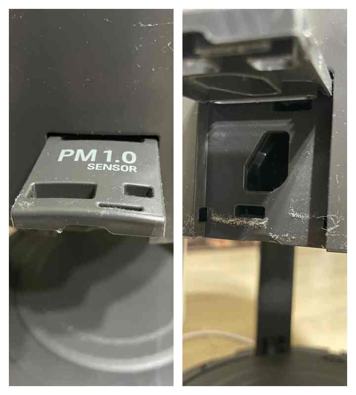 PM1.0센서 커버를 벗긴 상태와 센서의 위치를 찍었습니다.