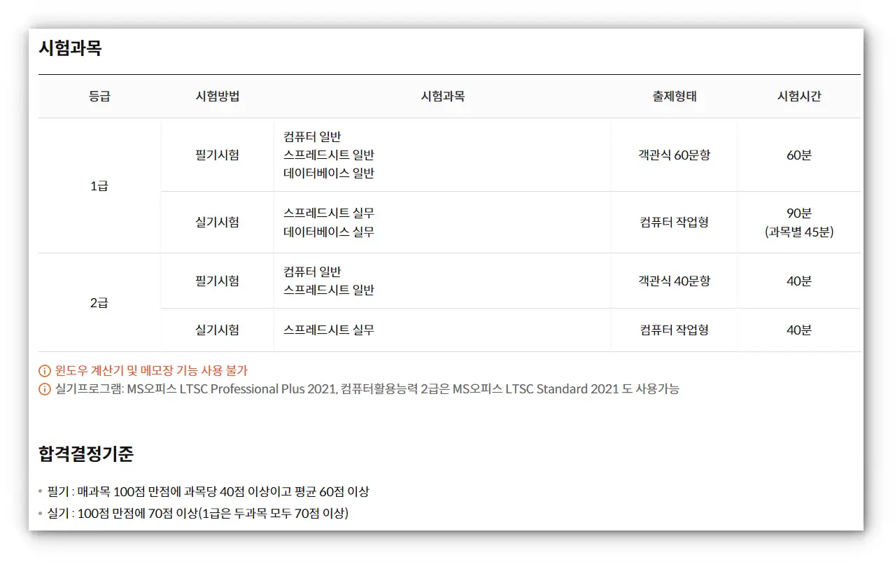 컴퓨터활용능력 시험과목과 합격결정기준