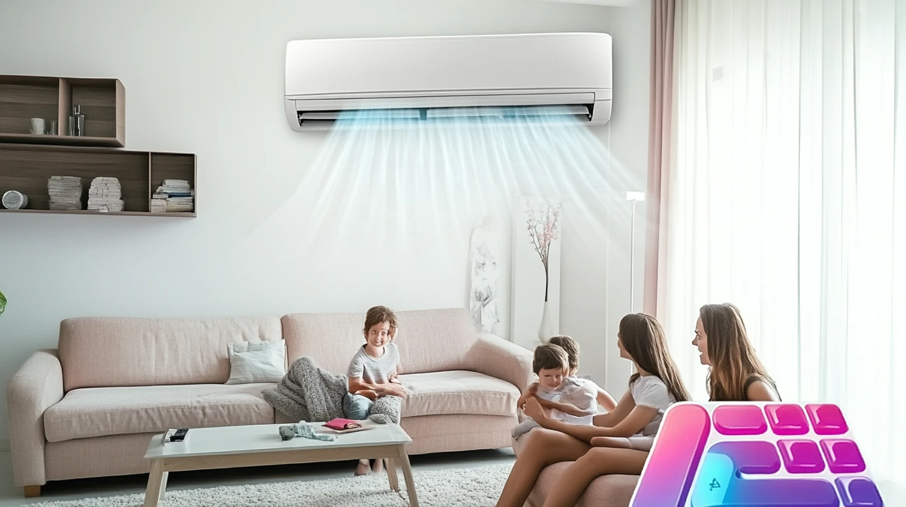 가족들이 거실에 편안히 앉아 소리 없는 스탠드 에어컨을 사용하며 조용한 환경 속에서 휴식을 취하는 모습을 보여줍니다.