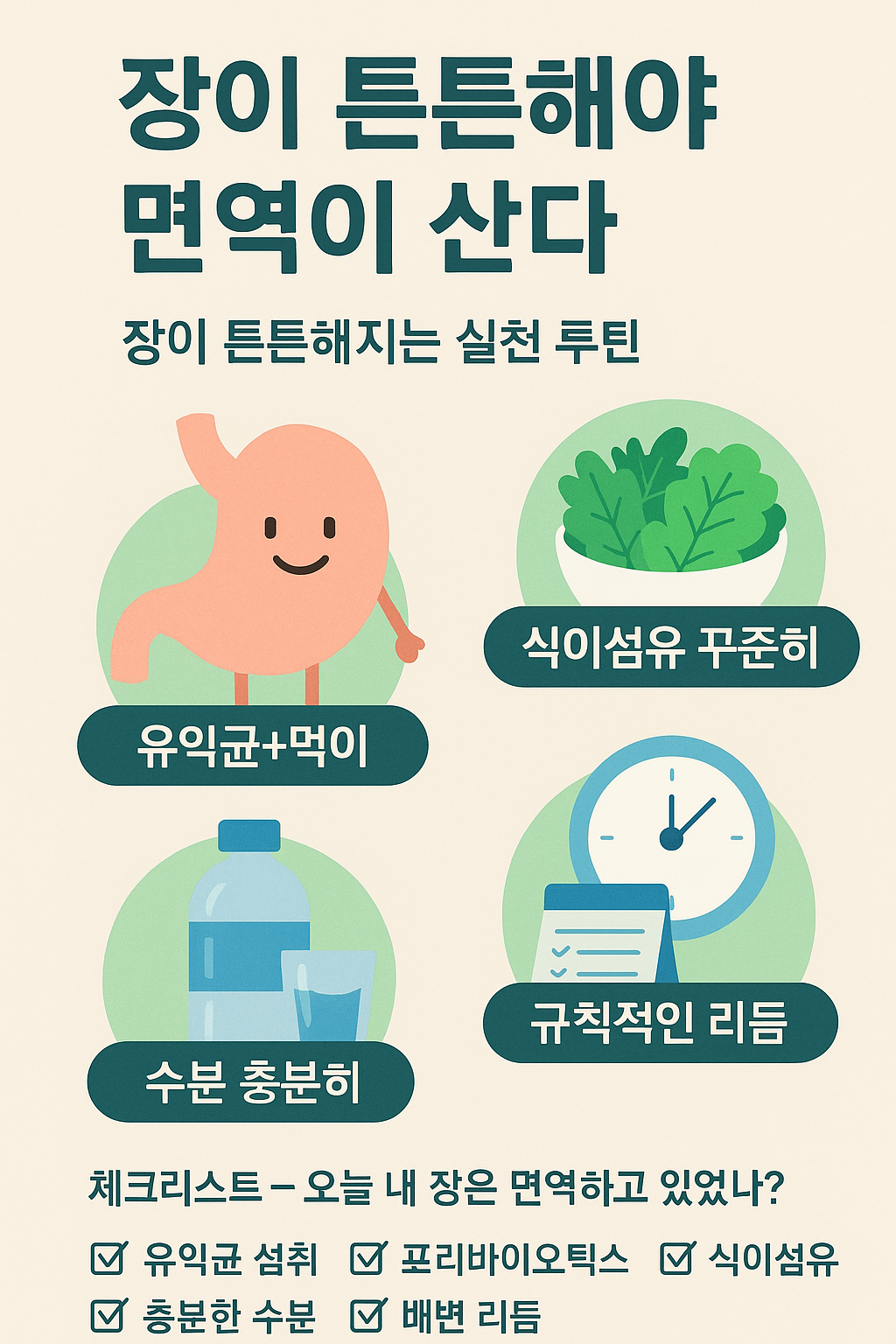 장 건강과 면역력 향상을 위한 식단 루틴을 소개하는 한국어 인포그래픽 이미지로, 유산균과 프리바이오틱스 식품, 식이섬유와 발효식품이 플랫 스타일 일러스트로 표현됨