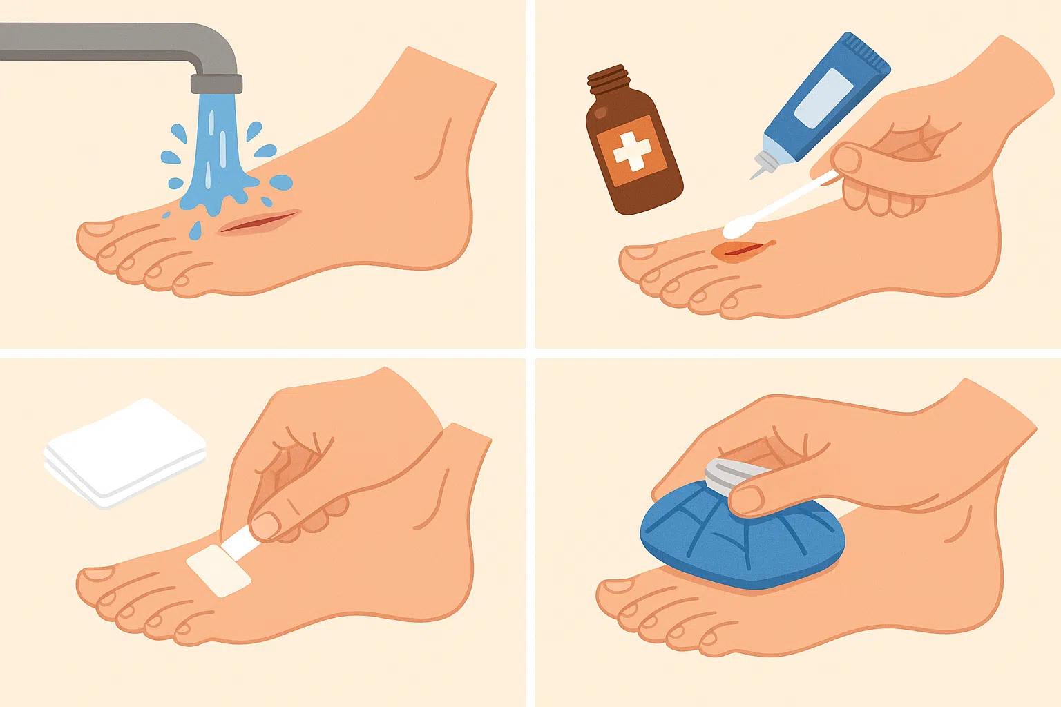 상처 응급처치, 흐르는 물에 세척, 소독약과 연고 도포, 밴드·거즈로 보호, 얼음팩 냉찜질