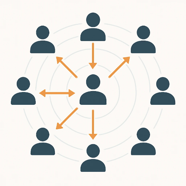 정보가 중심 인물에서 선택적으로 흐르는 사람 아이콘 구조