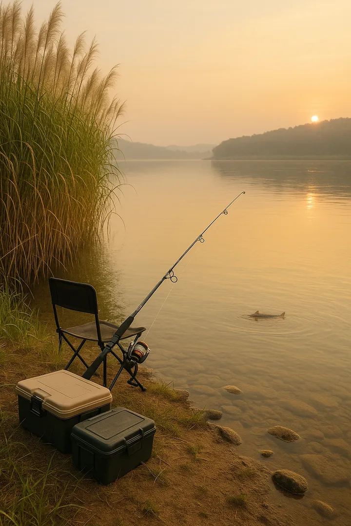 갈대밭 옆 낙동강가에 세워진 낚시 의자와 장비들