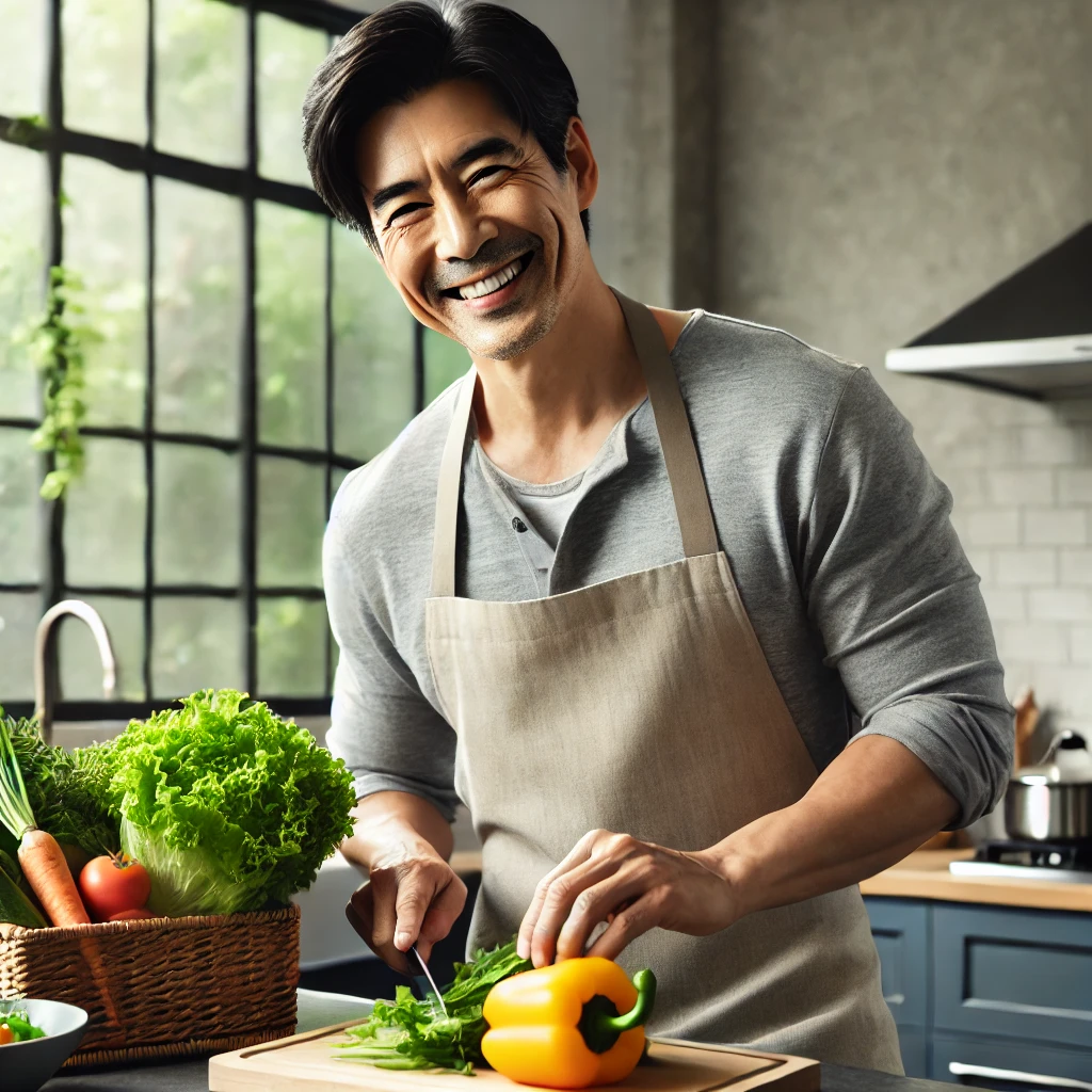 40대 후반의 한국 남성이 현대식 주방에서 신선한 채소로 건강식을 준비하며 미소를 짓고 있는 모습, 창문을 통해 들어오는 밝은 자연광이 웰빙과 균형을 강조