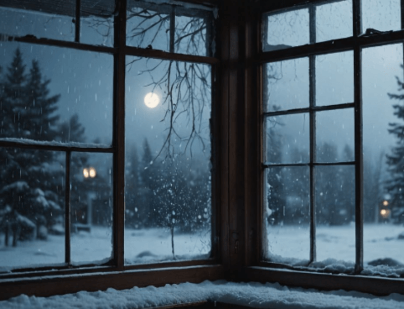 창문으로 눈이 쏟아지는 그림