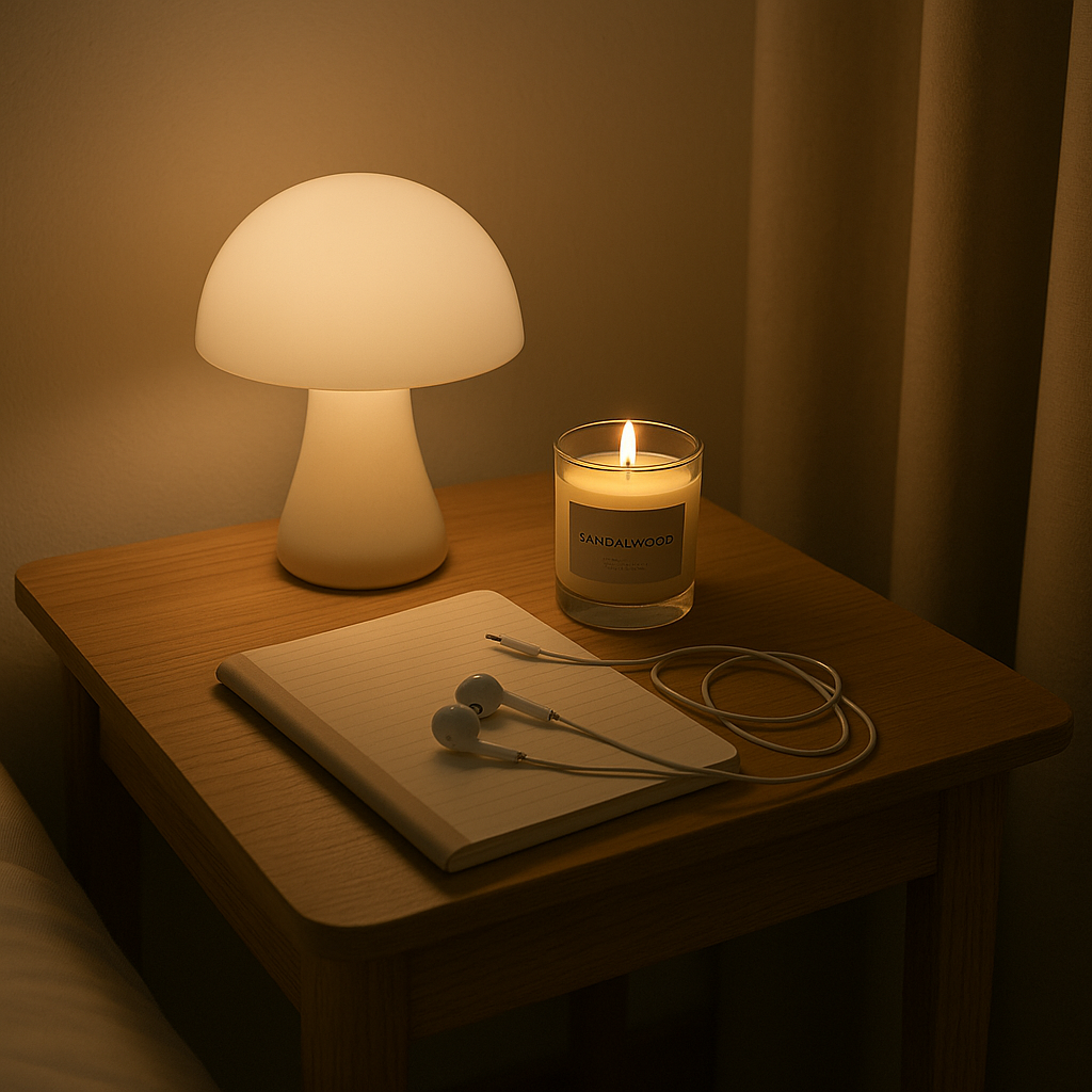 무드등 아래 작은 책상, 향초와 이어폰, 조용한 감각 회복 공간 이미지
무드등, 향초, 이어폰, 차분한 공간