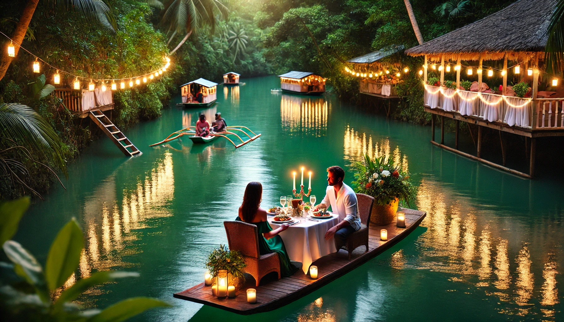 로복 강 위에서 저녁 식사를 즐기는 커플의 모습