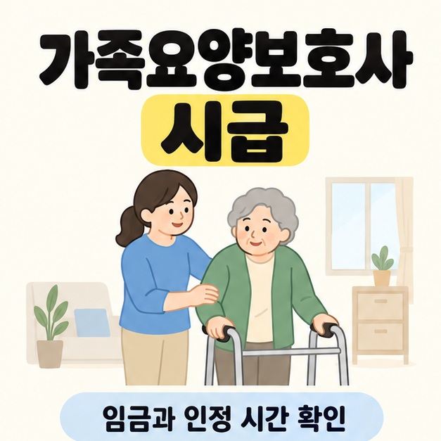 가족요양보호사 시급 제목과 임금과 인정 시간 확인 문구 아래 성인 가족이 보행기를 잡은 노인의 이동을 돕는 모습을 그린 대표 썸네일