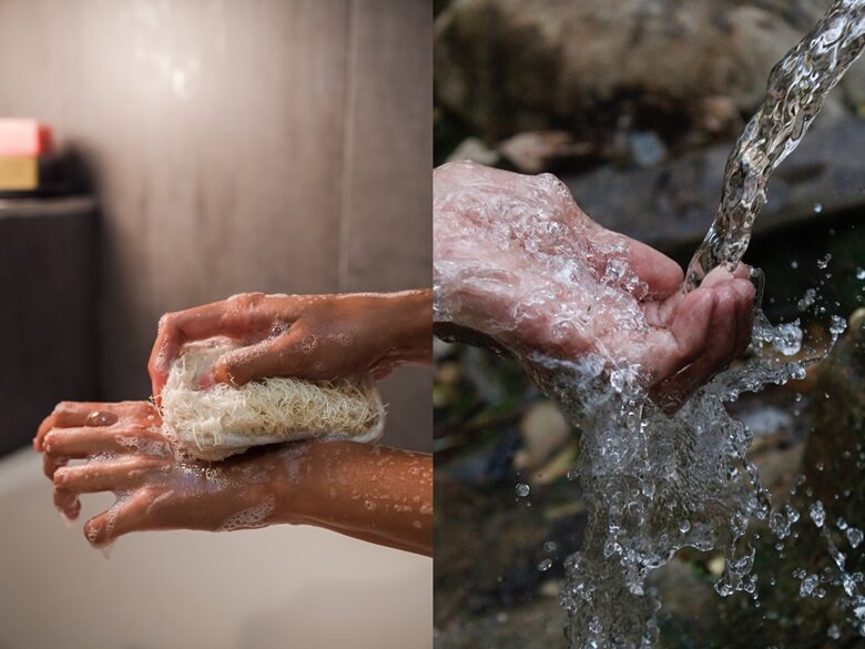 왼쪽은 오른손으로 거품을 낸 타올을 이용해서 왼손등을 문지르고 있는 모습이고 오른쪽은 위에서 굵게 떨어지는 물줄기에 왼손바닥으로 물을 받고 있는 모습의 사진