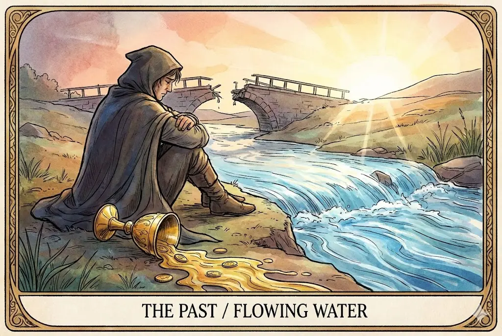 과거 후회 장애물 타로 카드: 쏟아진 컵을 돌아보며 새로운 물줄기를 외면하는 사람의 뒷모습