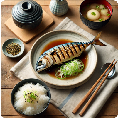 직장인을 위한 초간단 제철 생선 요리 &ndash; 간장 소스로 윤기 나는 고등어구이, 쪽파와 참깨 장식, 밥과 미소국 곁들임