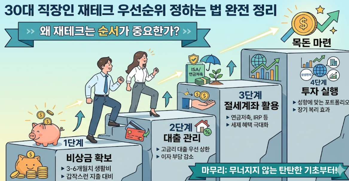 왜 재테크는 순서가 중요한가, 1단계 비상금 확보, 2단계 대출 관리, 3단계 절세계좌 활용, 4단계 투자 실행, 마무리