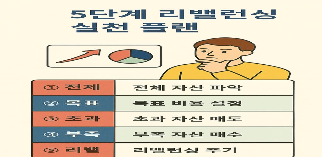 자산 리밸런싱 실천을 위한 5단계 계획을 정리한 인포그래픽 이미지