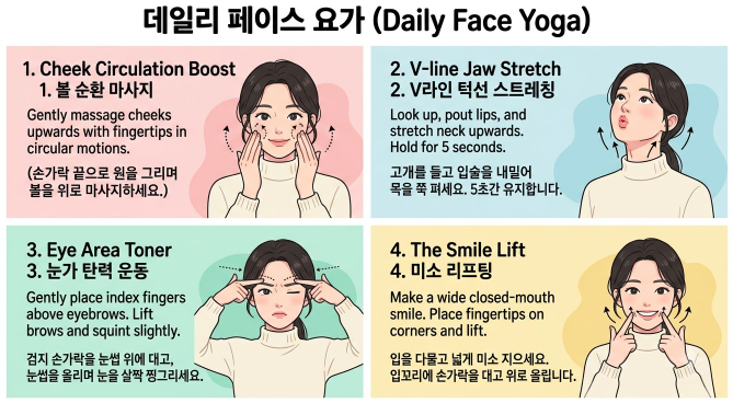 눈썹 올리기, 눈 감기, 볼 부풀리기, 입꼬리 당기기
