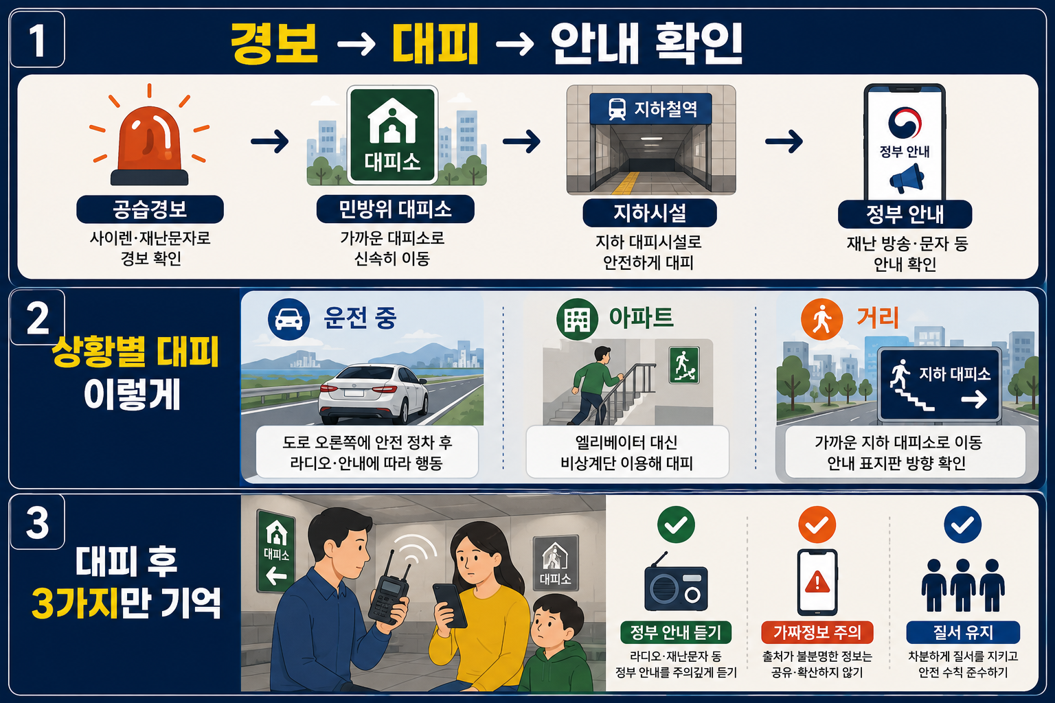 공습경보 대피 후 정부 안내방송 청취와 질서 유지 행동요령