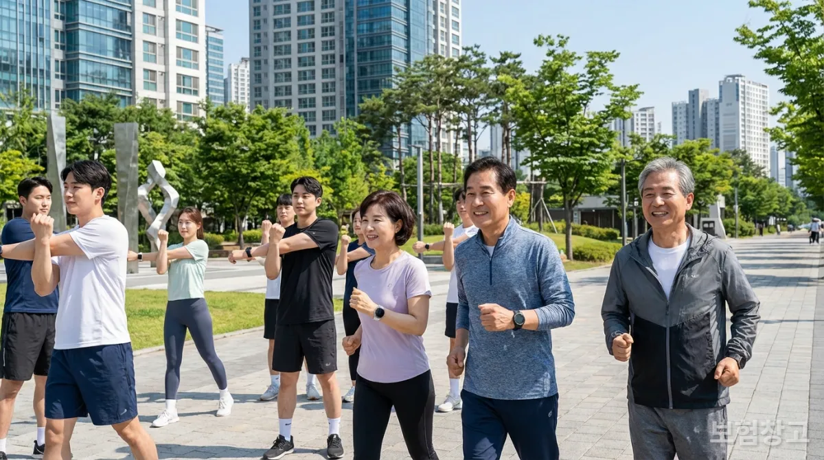 스마트워치를 착용한 다양한 연령대의 한국인들이 도시 공원에서 운동하는 모습
