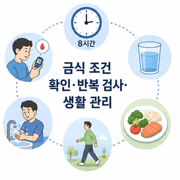 8시간 금식, 물 섭취, 올바른 측정, 균형 잡힌 식사와 걷기로 정리한 혈당 관리