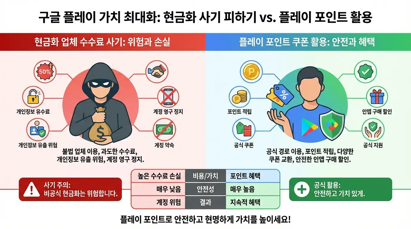 구글 플레이 현금화 업체의 수수료 사기를 피하고, 플레이 포인트 쿠폰을 활용하여 가치를 높이는 방법을 비교한 인포그래픽