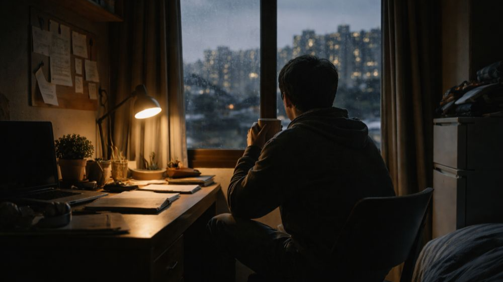 작은 책상 앞에 앉은 사람이 창밖을 바라보며 컵을 들고 있는 실루엣