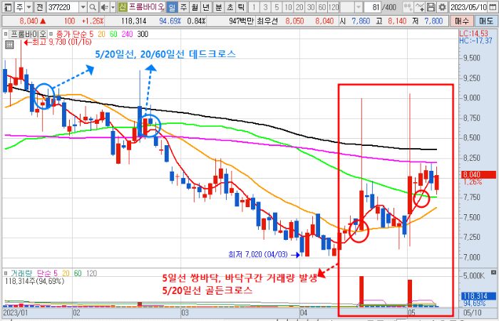 5월 10일 프롬바이오 주가 일봉 차트 분석