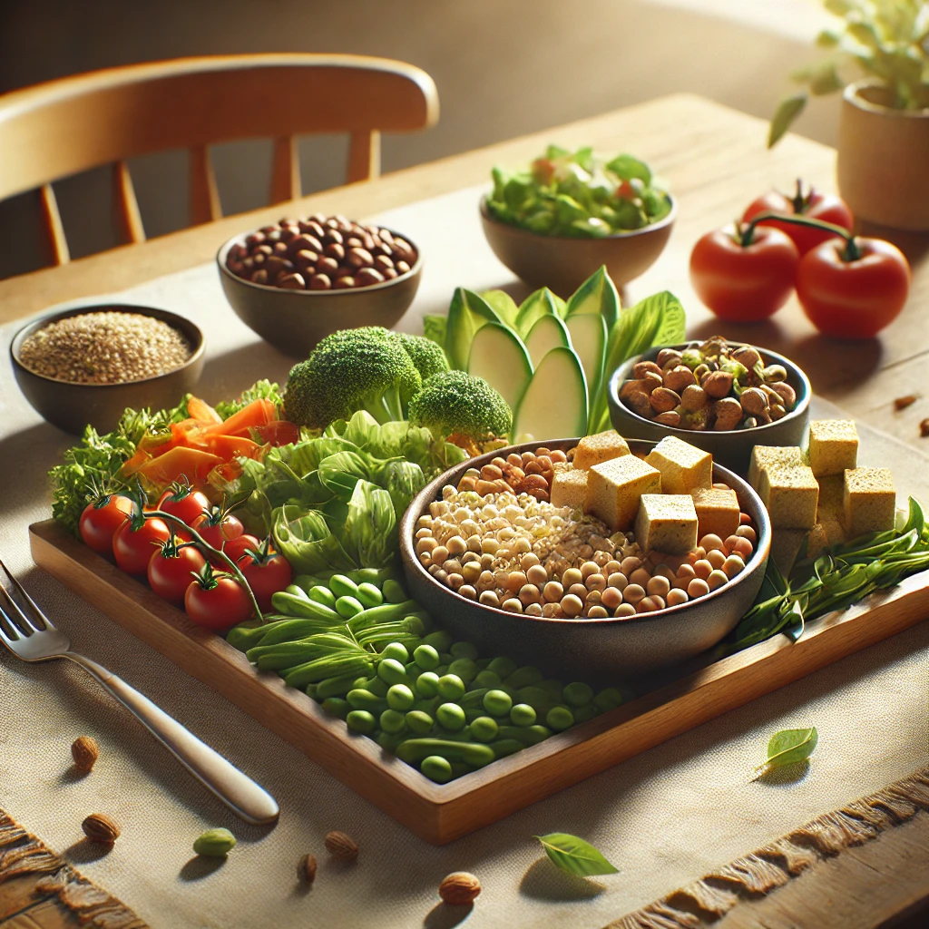 균형 잡힌 식물성 식단이 차려진 식탁의 모습 - 자연광 아래 신선한 음식들로 구성된 장면