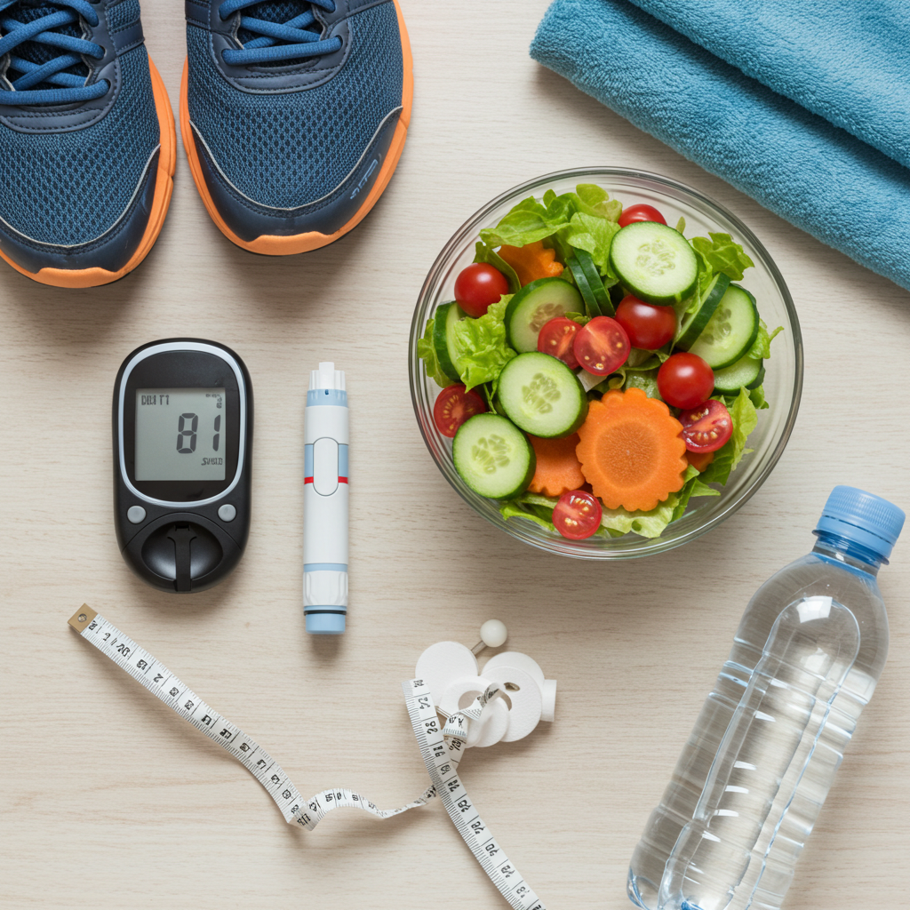 건강한 당뇨 관리를 상징하는 물건들. 운동화, 샐러드, 물병, 혈당측정기가 나무 테이블 위에 놓여있음.