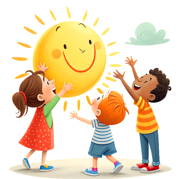 둥그런 태양을 향해 어린이 3명이 두 팔을 뻗어 만지고 있는 그림이다.