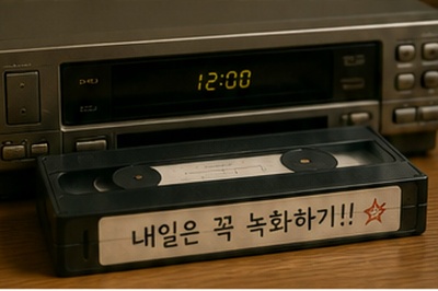 디지털 시계가 켜진 오래된 비디오 기기 앞에 손글씨 라벨의 비디오테이프가 놓인 모습