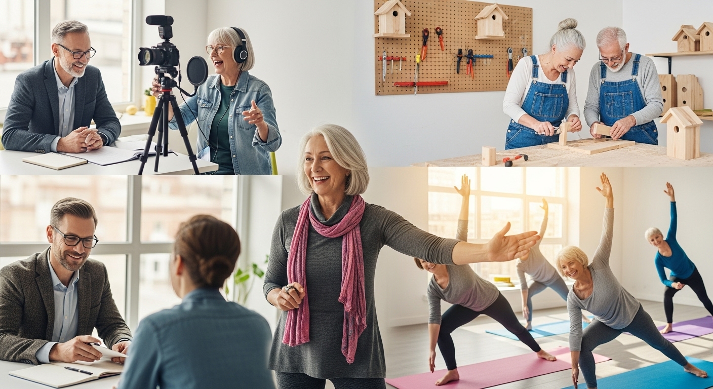 강의, 컨설팅, 유튜브 촬영, 공방 작업 등 다양한 활동을 통해 경험과 지식을 공유하며 활기찬 '액티브 시니어'의 모습을 담은 이미지.