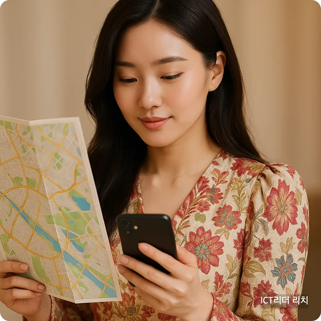 화려한 의상의 여성이 스마트폰으로 지도를 들여다보는 자연스러운 장면